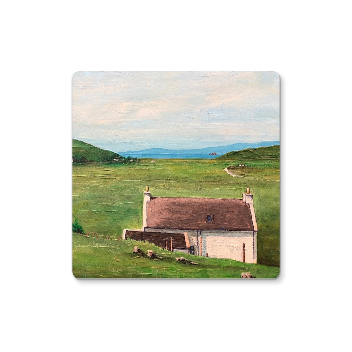 Square painting of a landscape with a house on the Skye Cottage Coaster