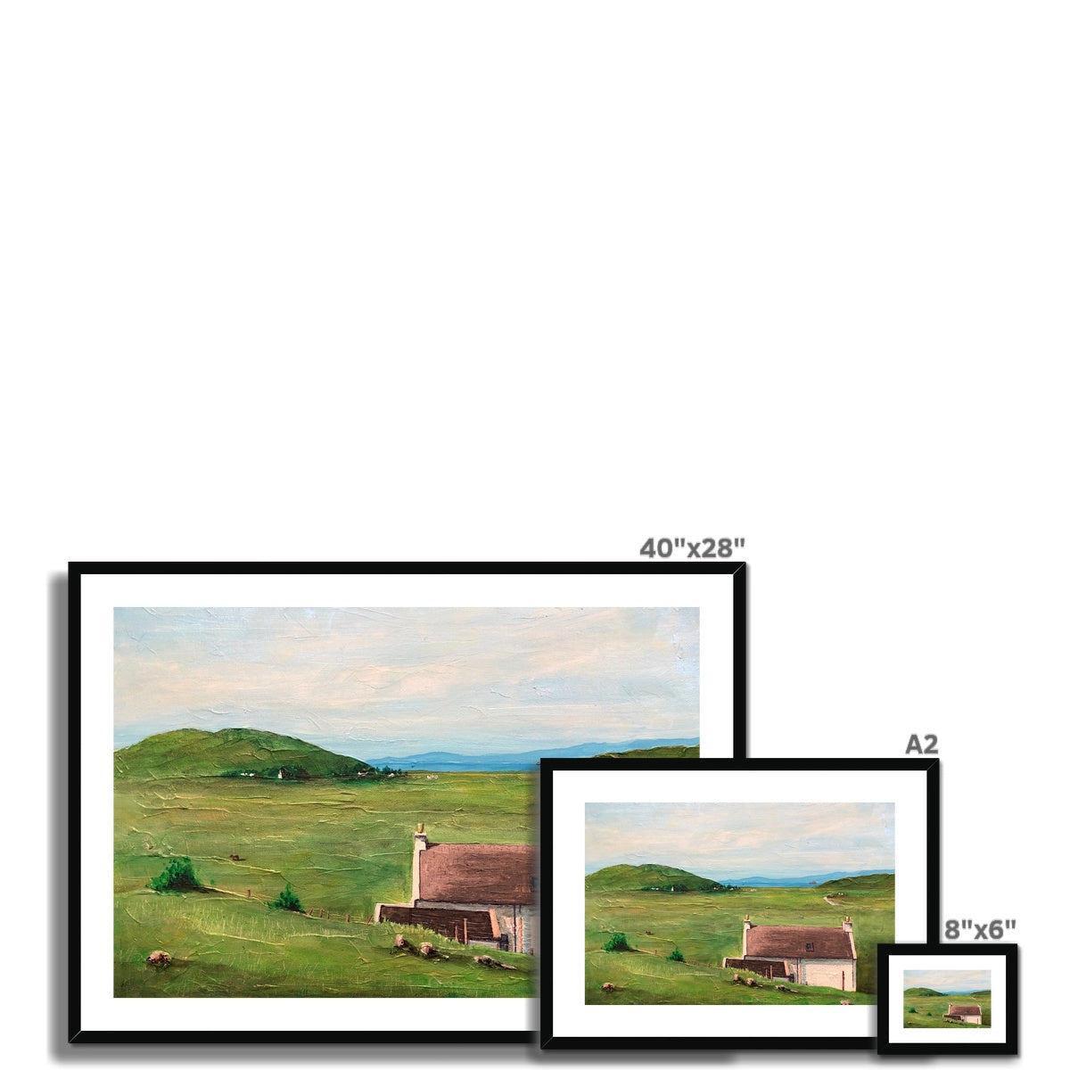 Three framed landscape paintings of varying sizes displayed with A Skye Cottage Framed & Mounted Print