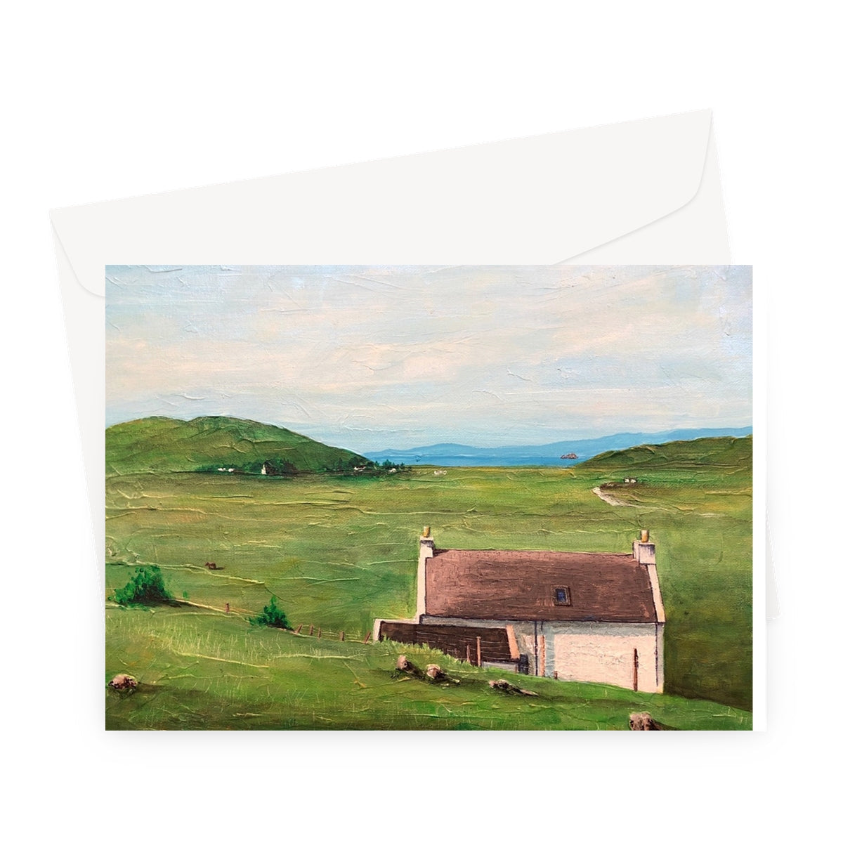 Painting of a white house with a brown roof in a green field on Skye Cottage Greeting Card