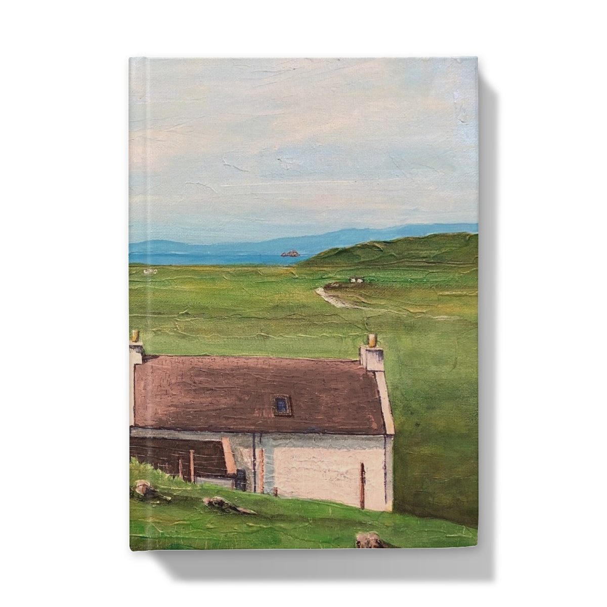 Landscape painting of a white cottage with a brown roof in a green field overlooking the blue sea