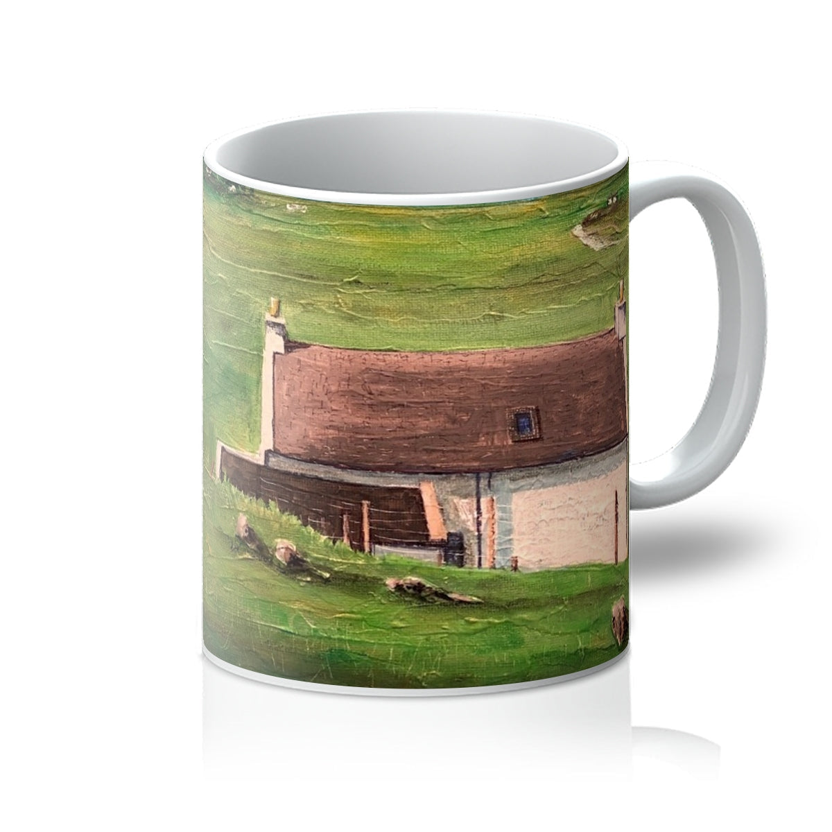 White ceramic mug featuring a rural landscape painting, named A Skye Cottage Mug