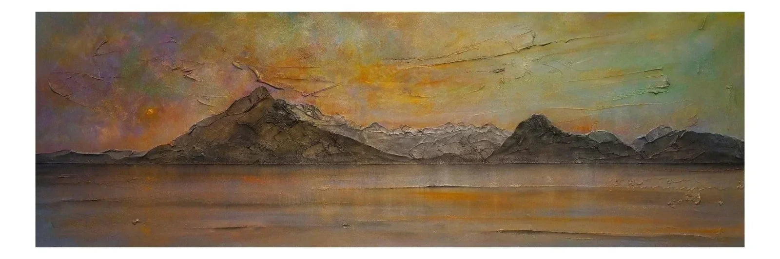Skye Dusk original panoramic painting: yellow orange abstract landscape with mountains, birds, calm sea