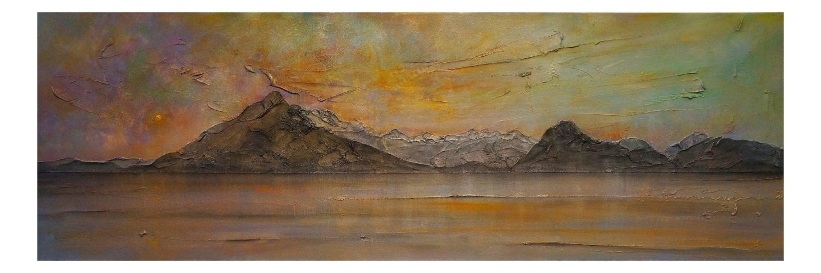 Skye Dusk Panoramic Prints landscape painting of mountains water and colorful sky