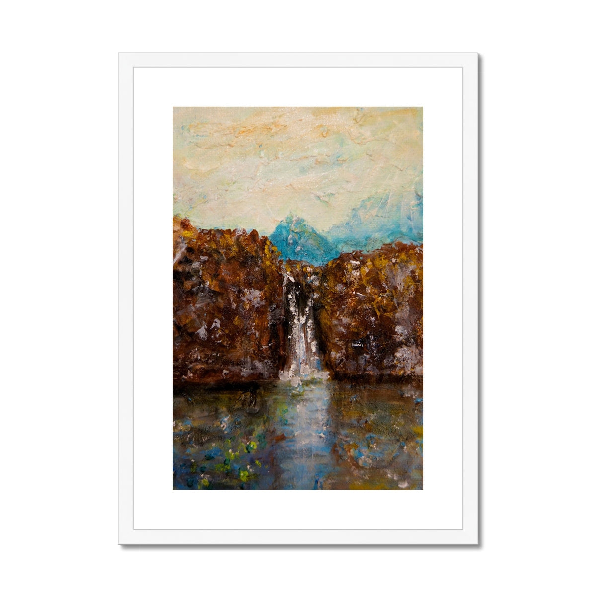 Skye Fairy Pools abstract print of waterfall between earth-toned cliffs