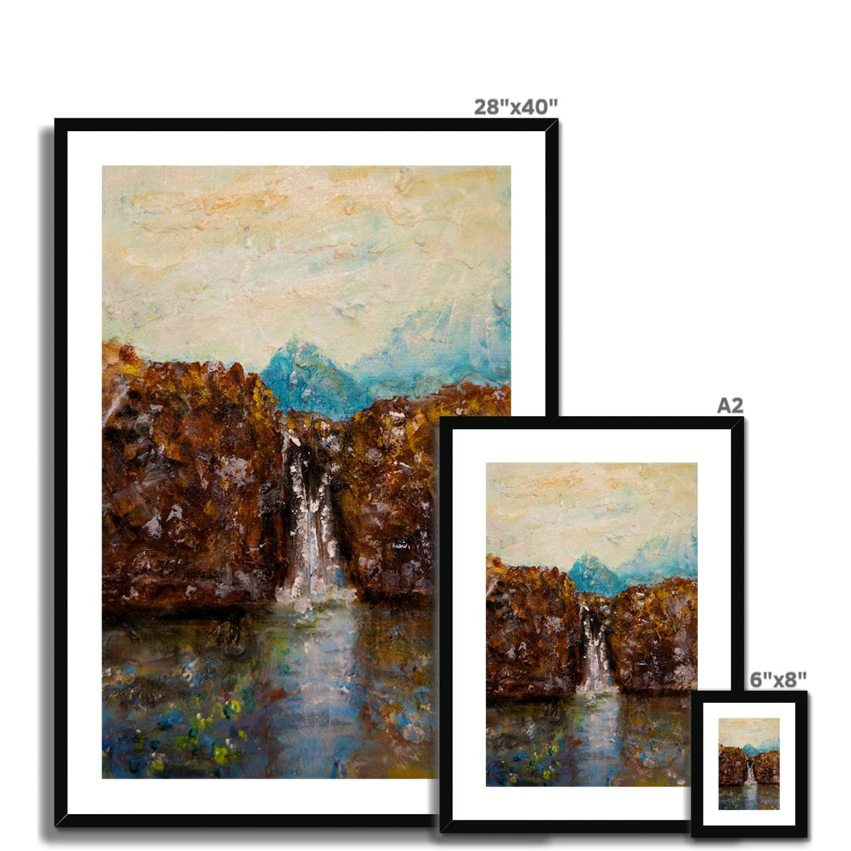 Framed oil painting of Skye Fairy Pools waterfall with mountains