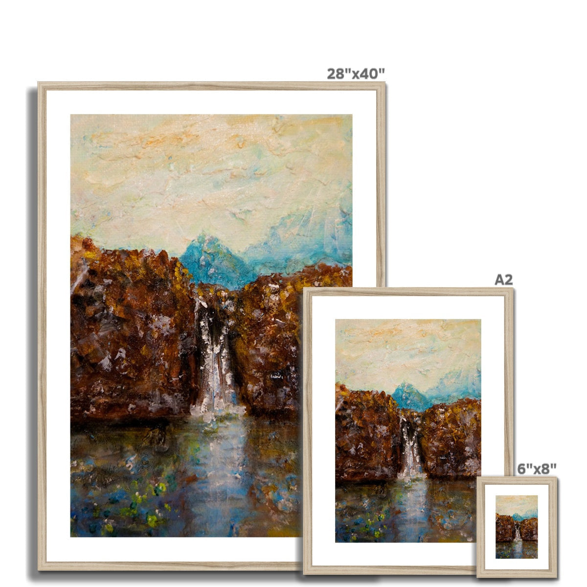 Framed Skye Fairy Pools art print of cascading waterfall over rugged cliffs