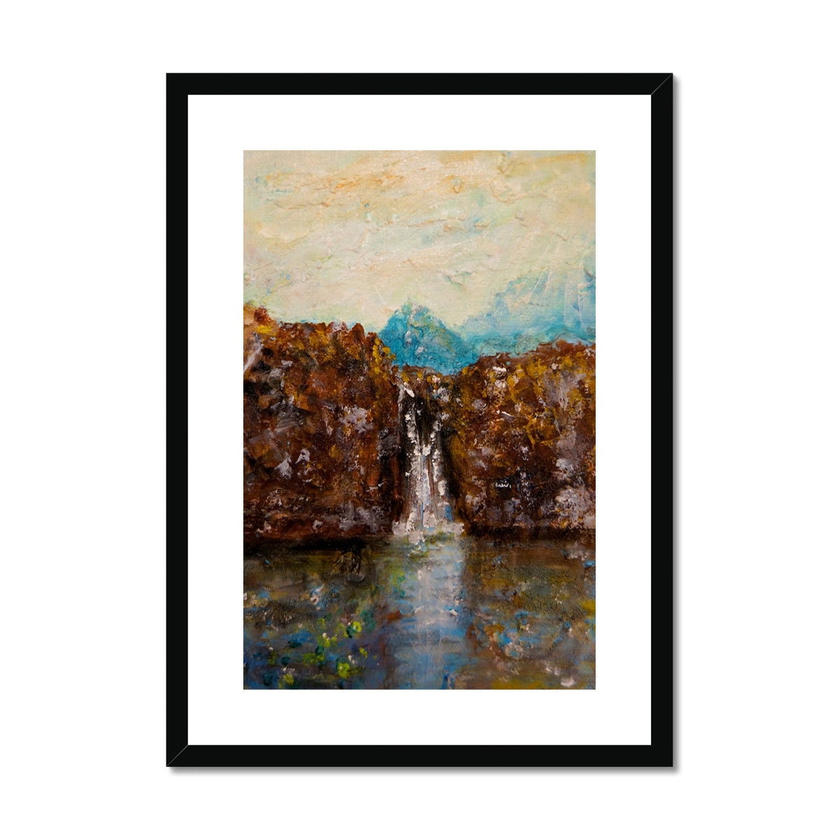 Skye Fairy Pools art print of waterfall between rugged cliffs and blue mountains