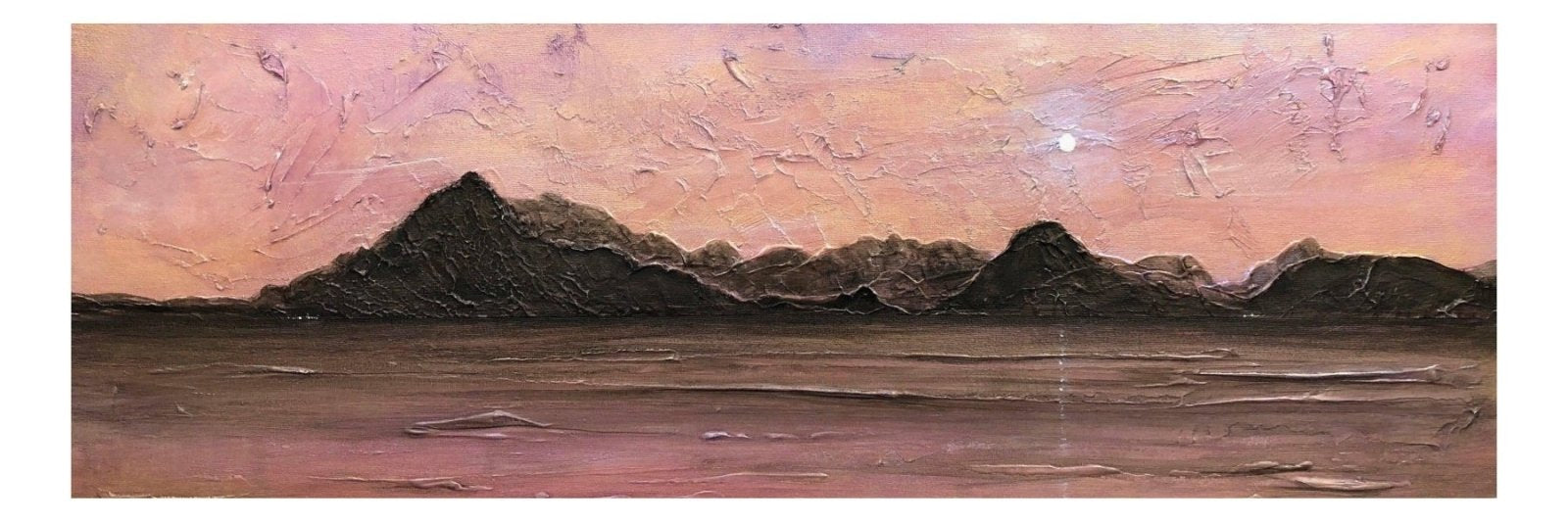 Textured oil painting of a moonlit Mountain Range over Water in Skye Moonset Panoramic Prints