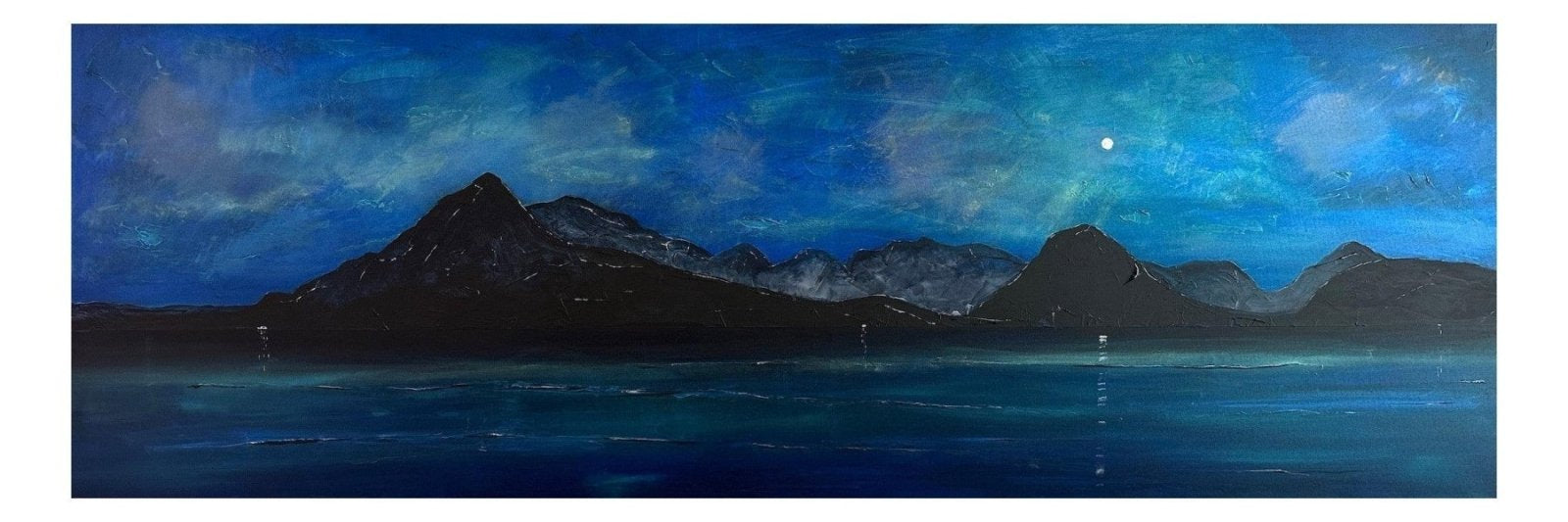 Panoramic nighttime mountain and lake landscape painting from Skye Prussian Twilight Prints