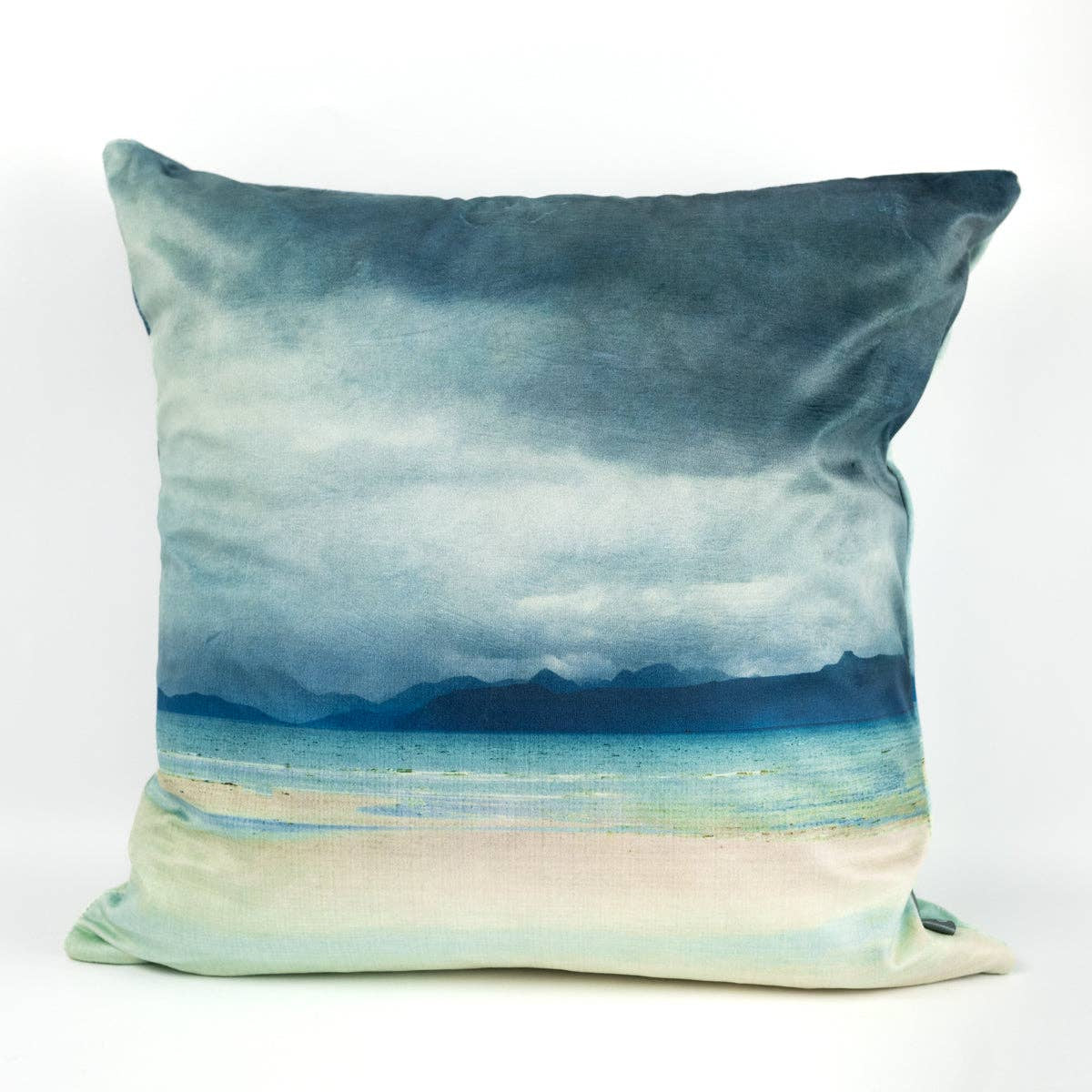 Skye and Raasay misty mountains velvet cushion by Cath Waters