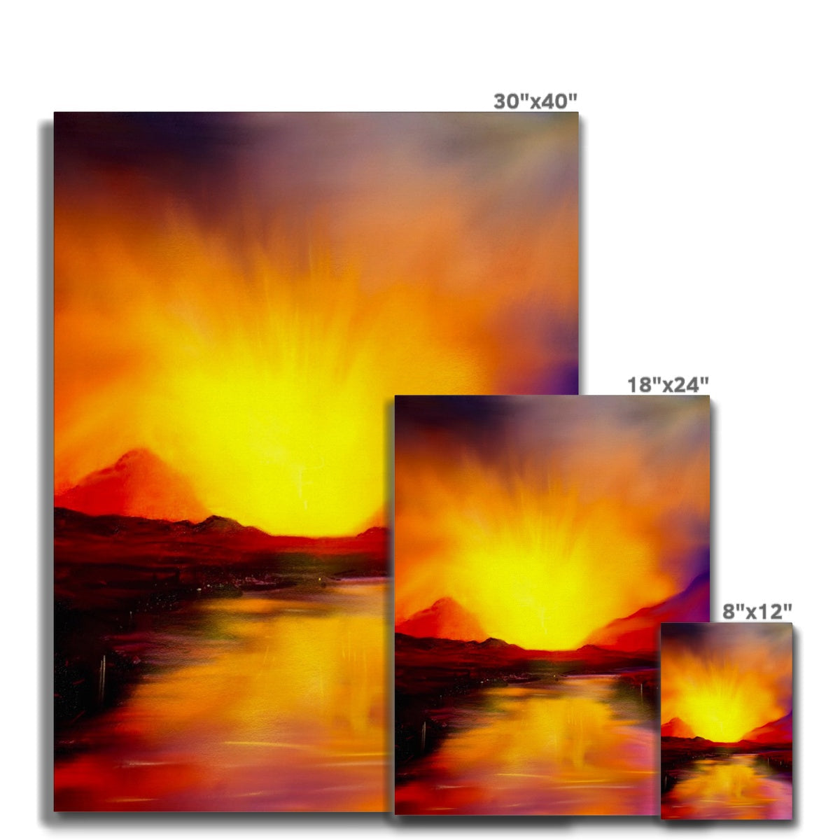 Skye Sunset Canvas featuring three vibrant sunset over Lake artworks for home decor