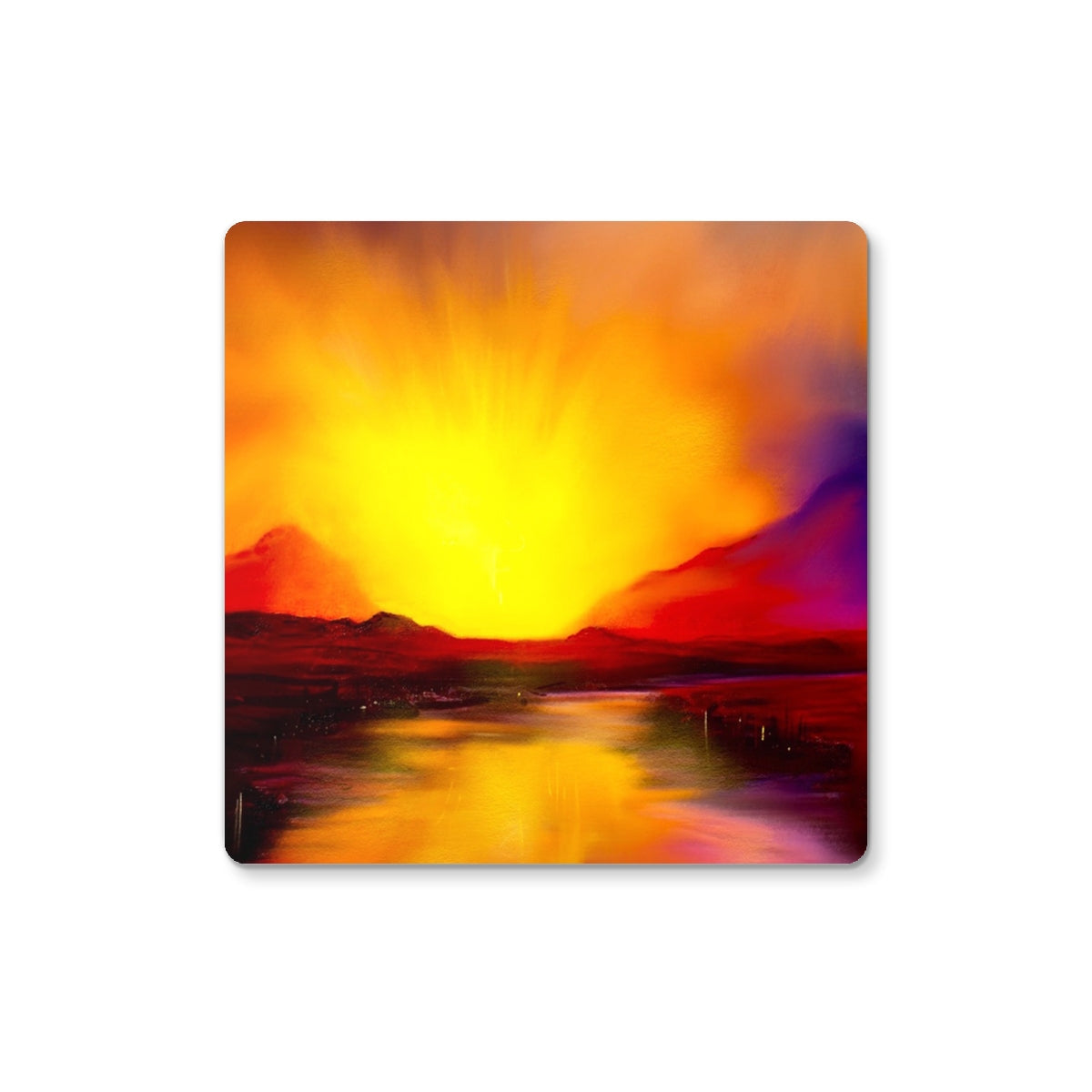 Vibrant painting of a fiery sunset over a lake with mountains on the Skye Sunset Coaster