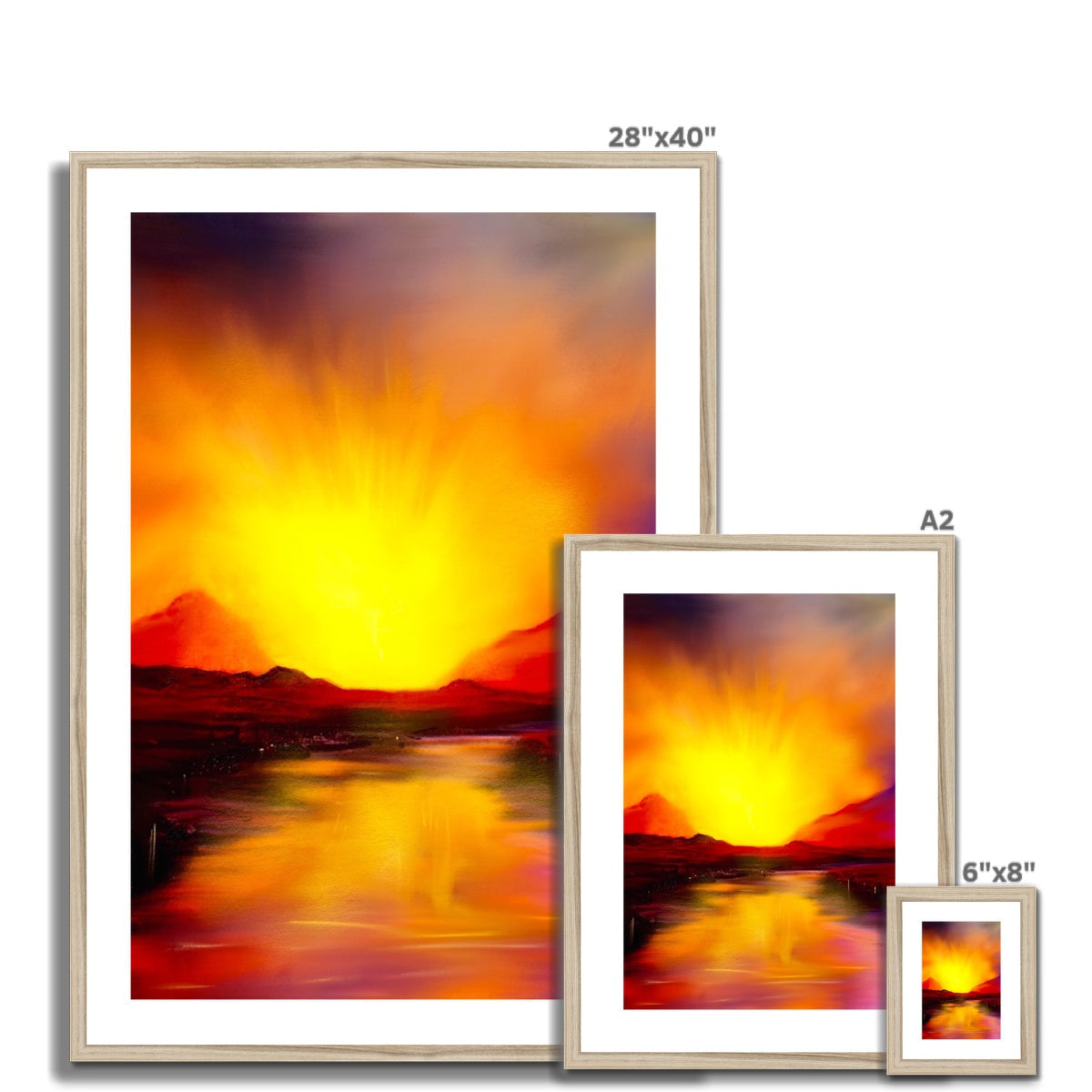 Three framed abstract sunset paintings displayed as Skye Sunset Framed and Mounted Print