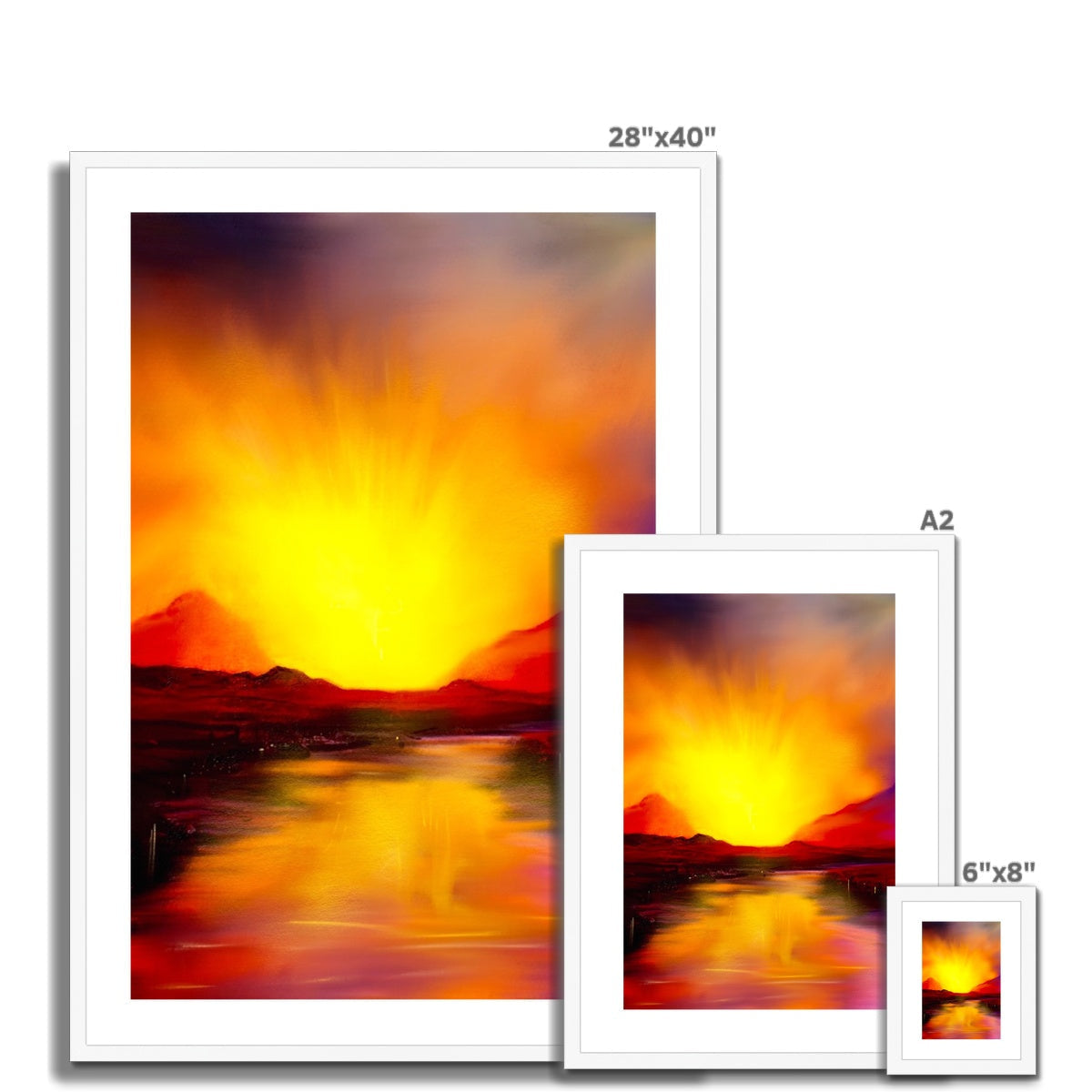 Three framed prints of a vibrant sunset over a lake from the Skye Sunset Framed & Mounted Print collection