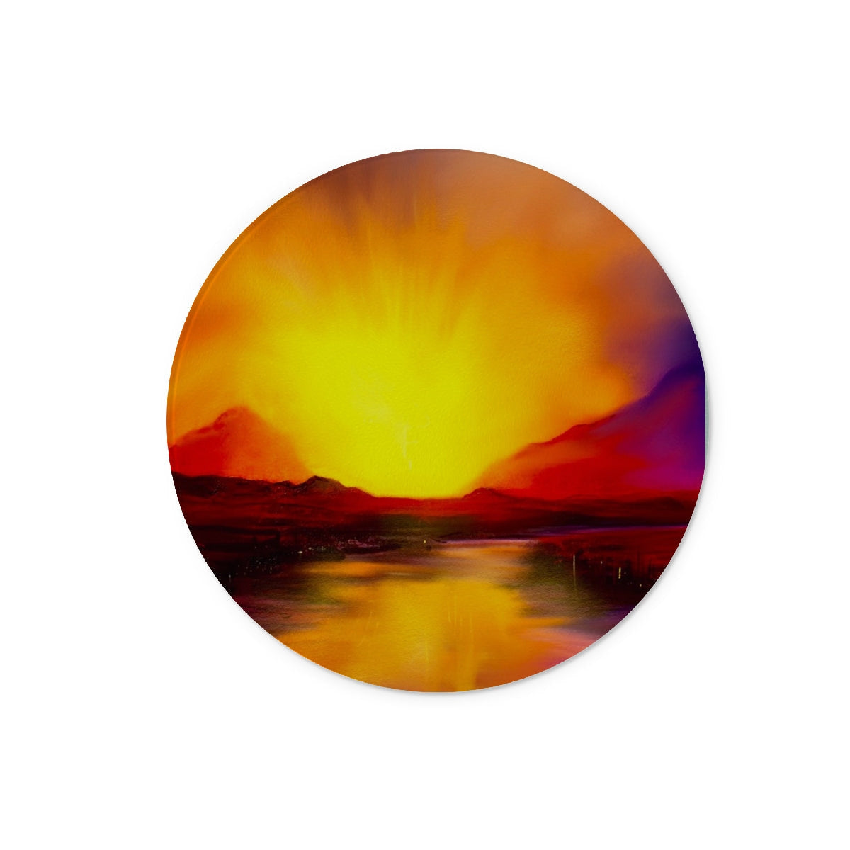 Skye Sunset Glass Chopping Board featuring a vibrant sunset over mountains and water design