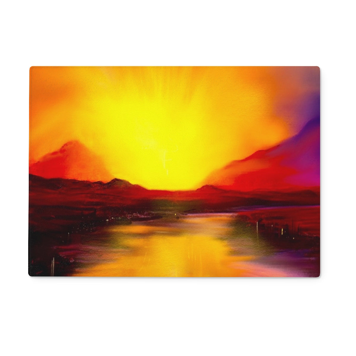 Skye Sunset Glass Chopping Board featuring vibrant mountain and water landscape painting