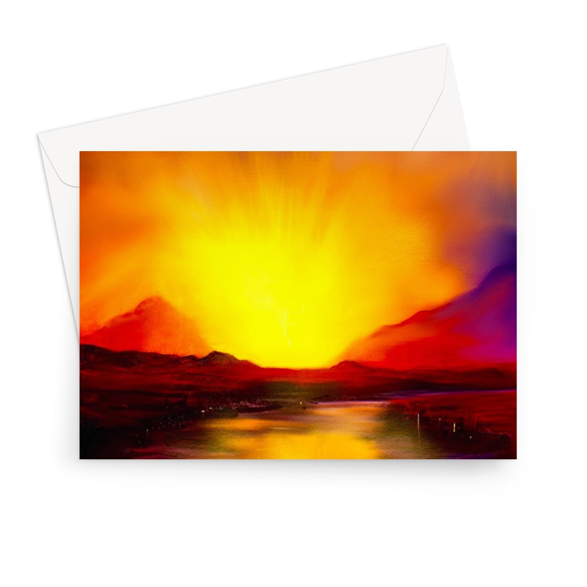 Skye Sunset Greeting Card with vibrant landscape painting of sunset over mountains and water