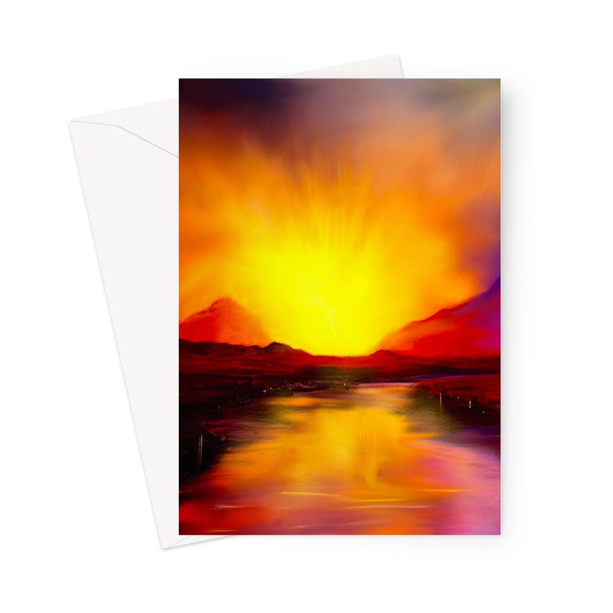Vibrant painting of a fiery sunset over reflective water and mountains on Skye Sunset Greeting Card