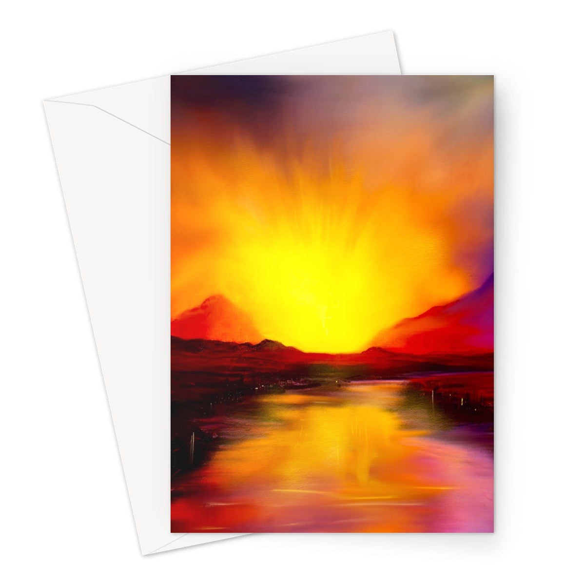 Skye Sunset Greeting Card featuring vibrant abstract landscape with yellow sunset over mountains