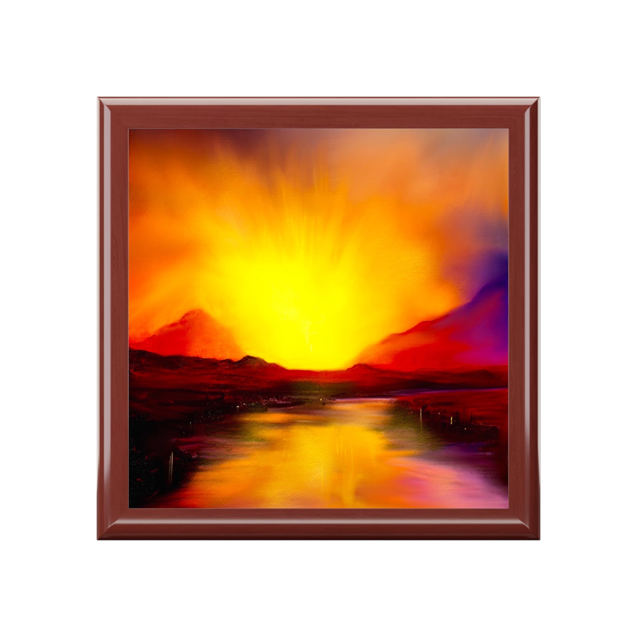 Skye Sunset Jewellery Box featuring a vibrant sunset over mountains and water scene