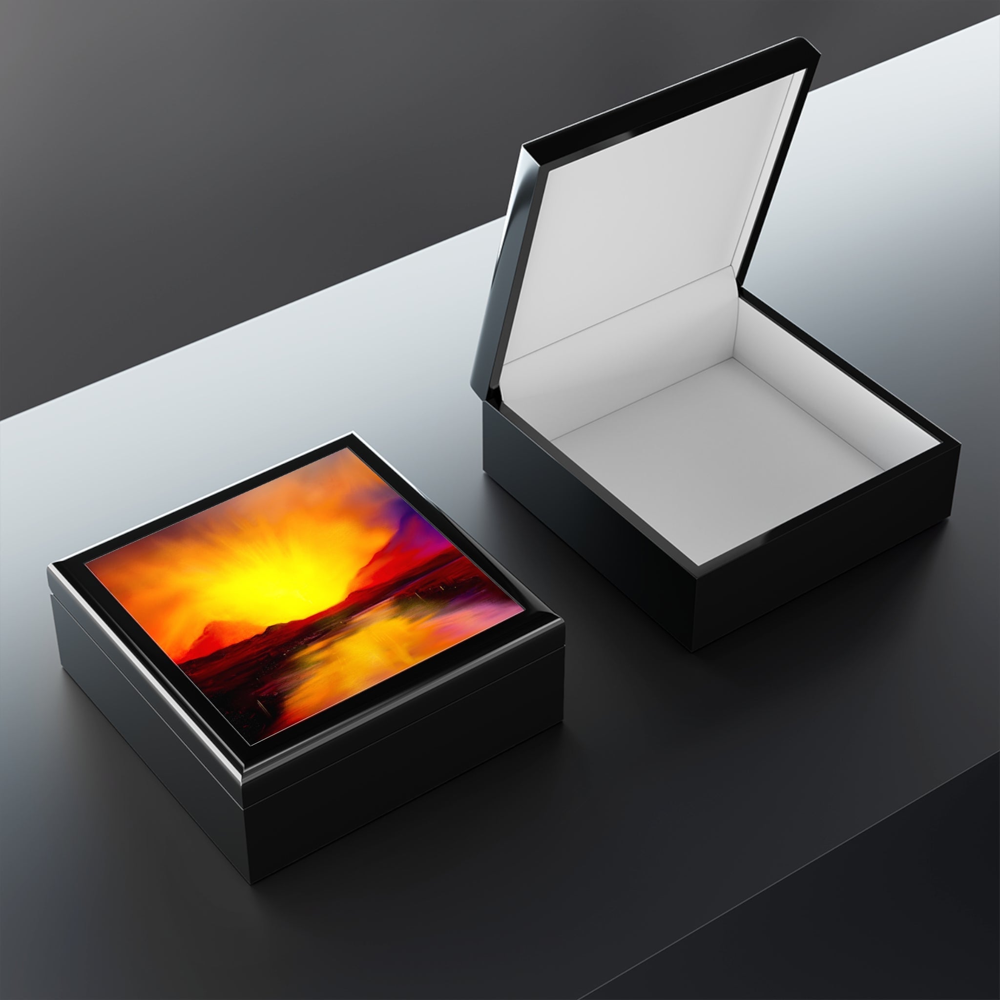Glossy black wooden Skye Sunset Jewellery Box with landscape art and fabric interior