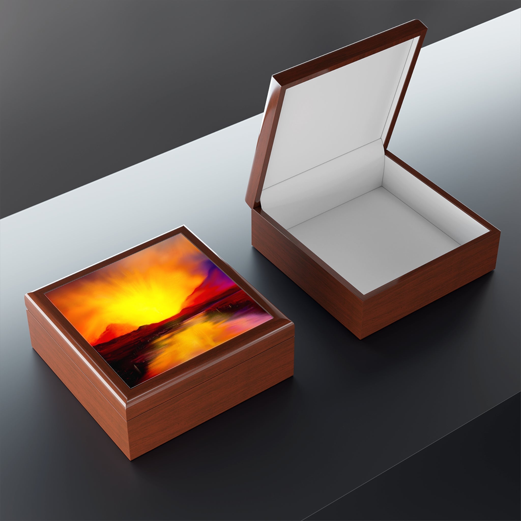 Brown wooden Skye Sunset Jewellery Box with open white interior and sunset lid art