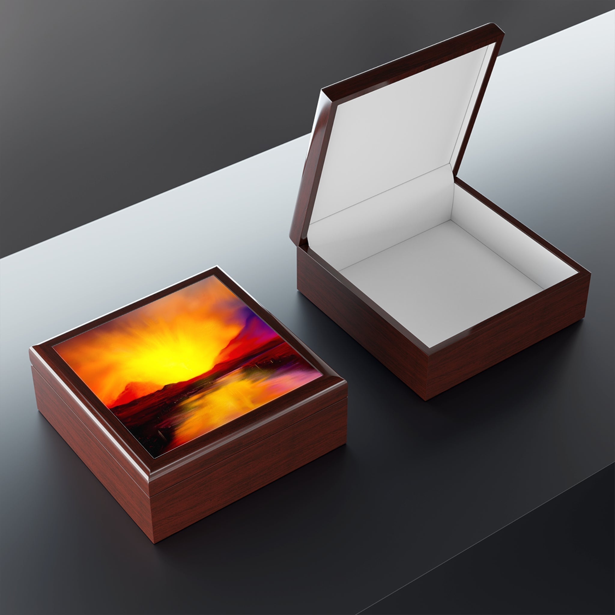 Brown wooden jewellery boxes with sunset artwork and white interior in Scotland
