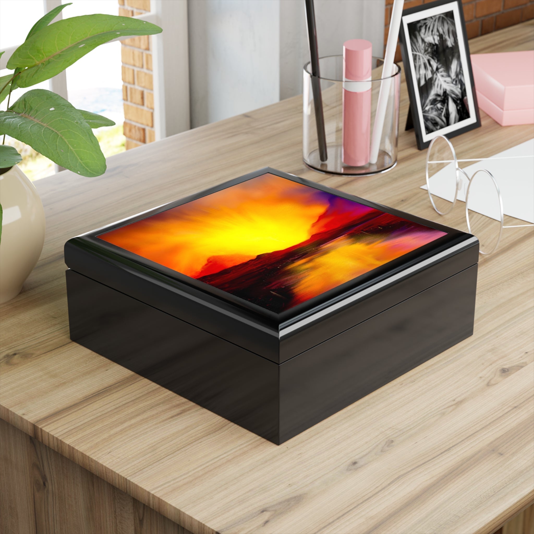 Black wooden keepsake box with vibrant abstract sunset design on lid for Skye Sunset Jewellery Box Scotland