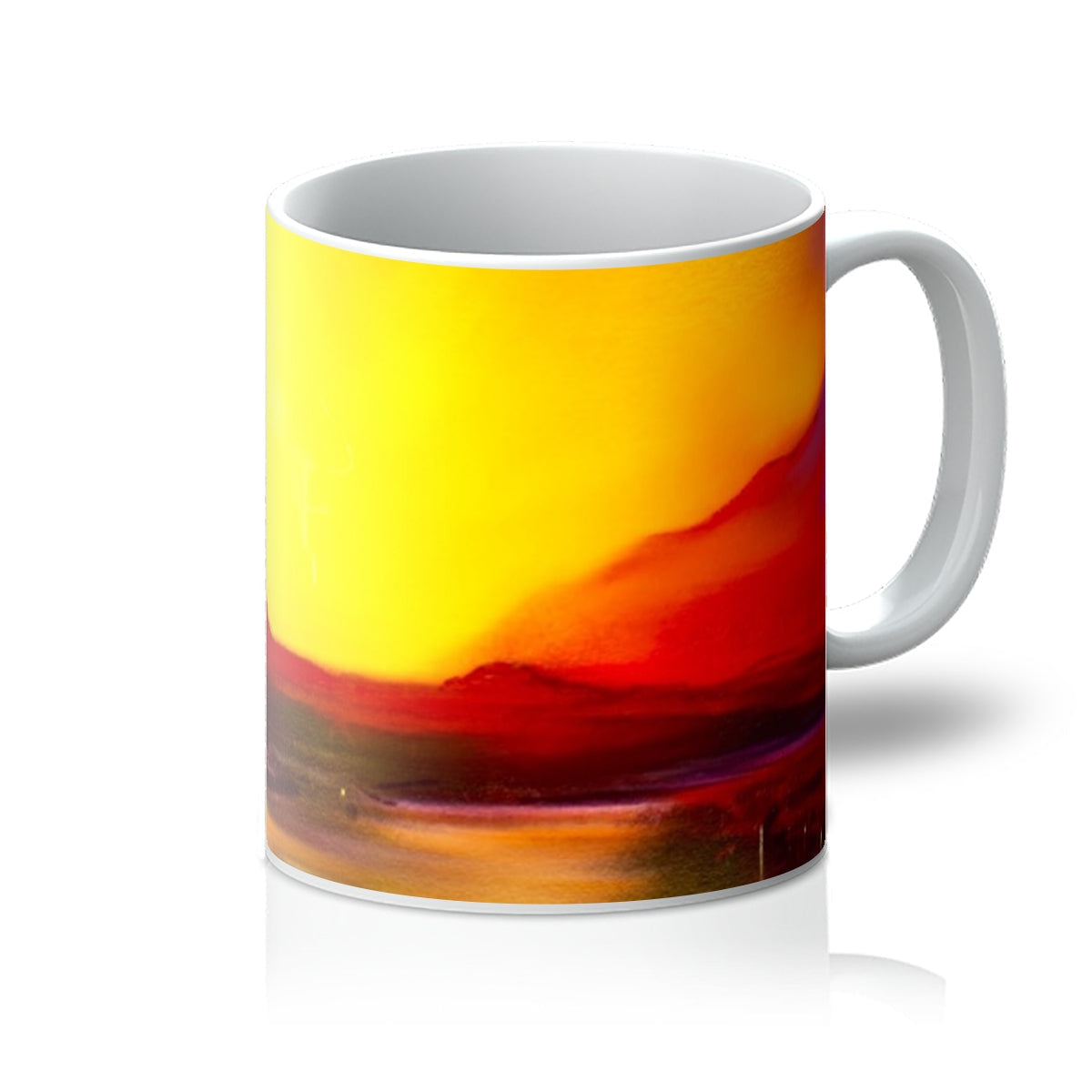 White ceramic Skye Sunset Mug with abstract yellow and red sunset design