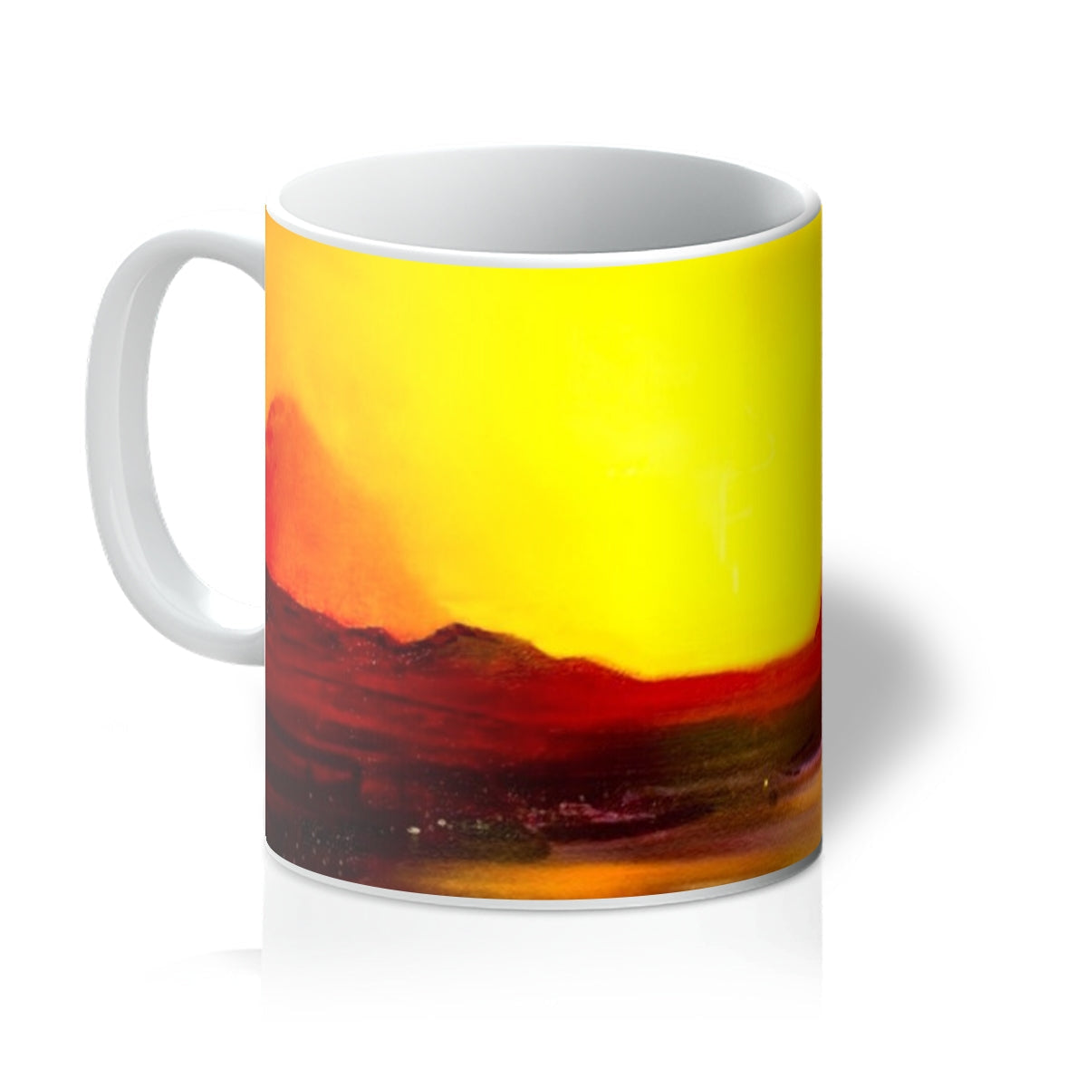 White ceramic Skye Sunset Mug featuring a vibrant sunset landscape design