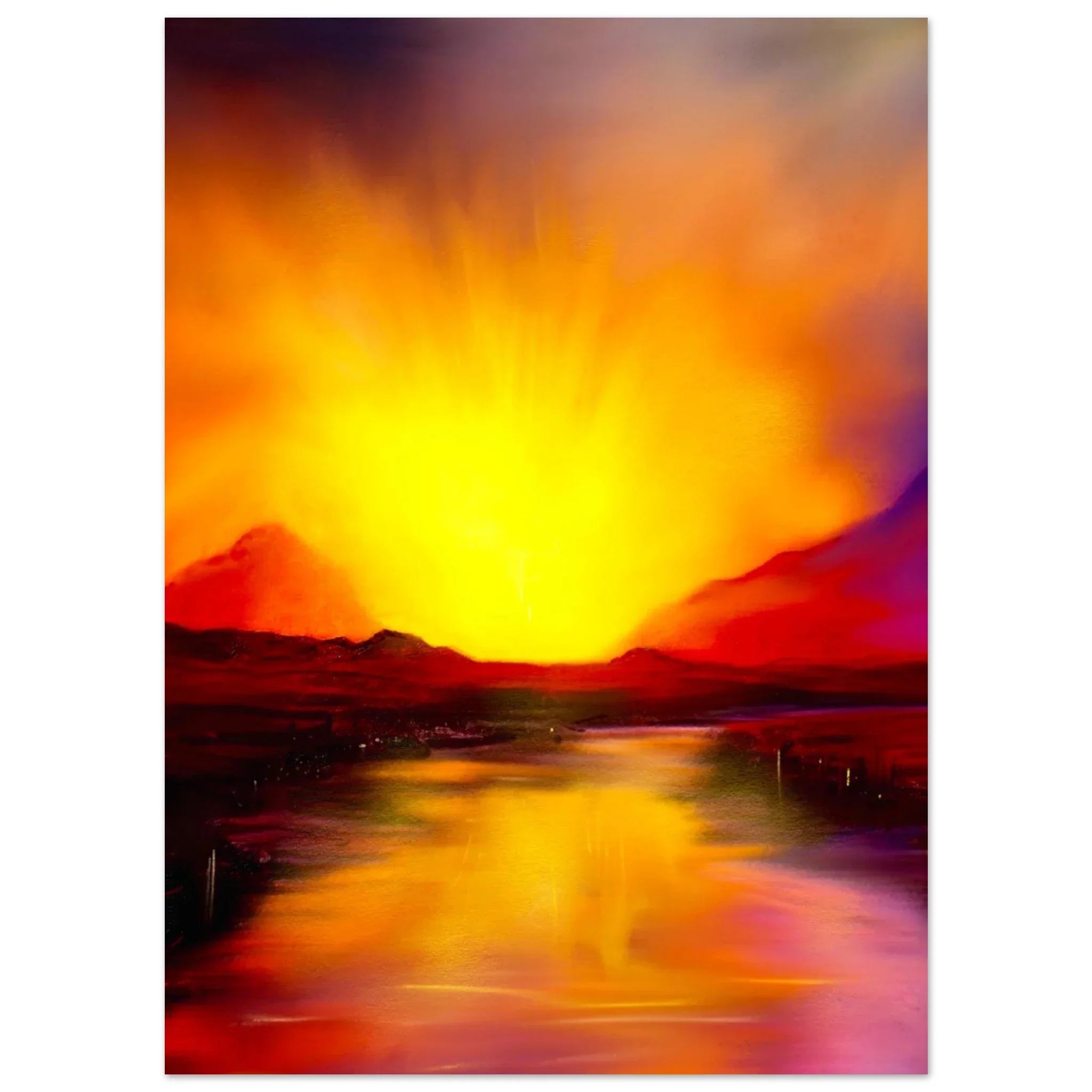 Vibrant Skye Sunset abstract painting of fiery orange hues on Scottish water and silhouetted mountains