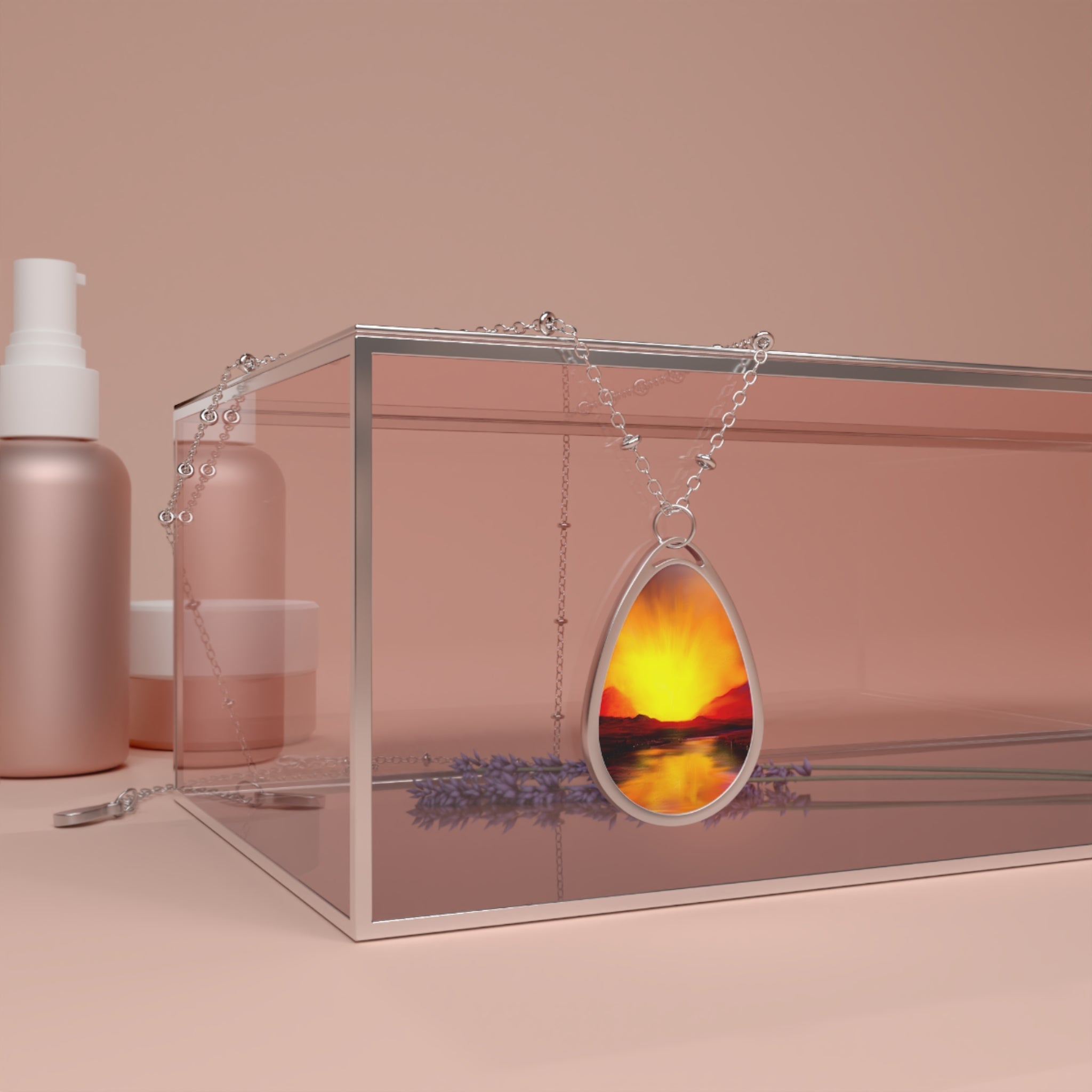 Silver teardrop pendant with sunset painting from Skye Sunset Scottish Jewellery Necklace