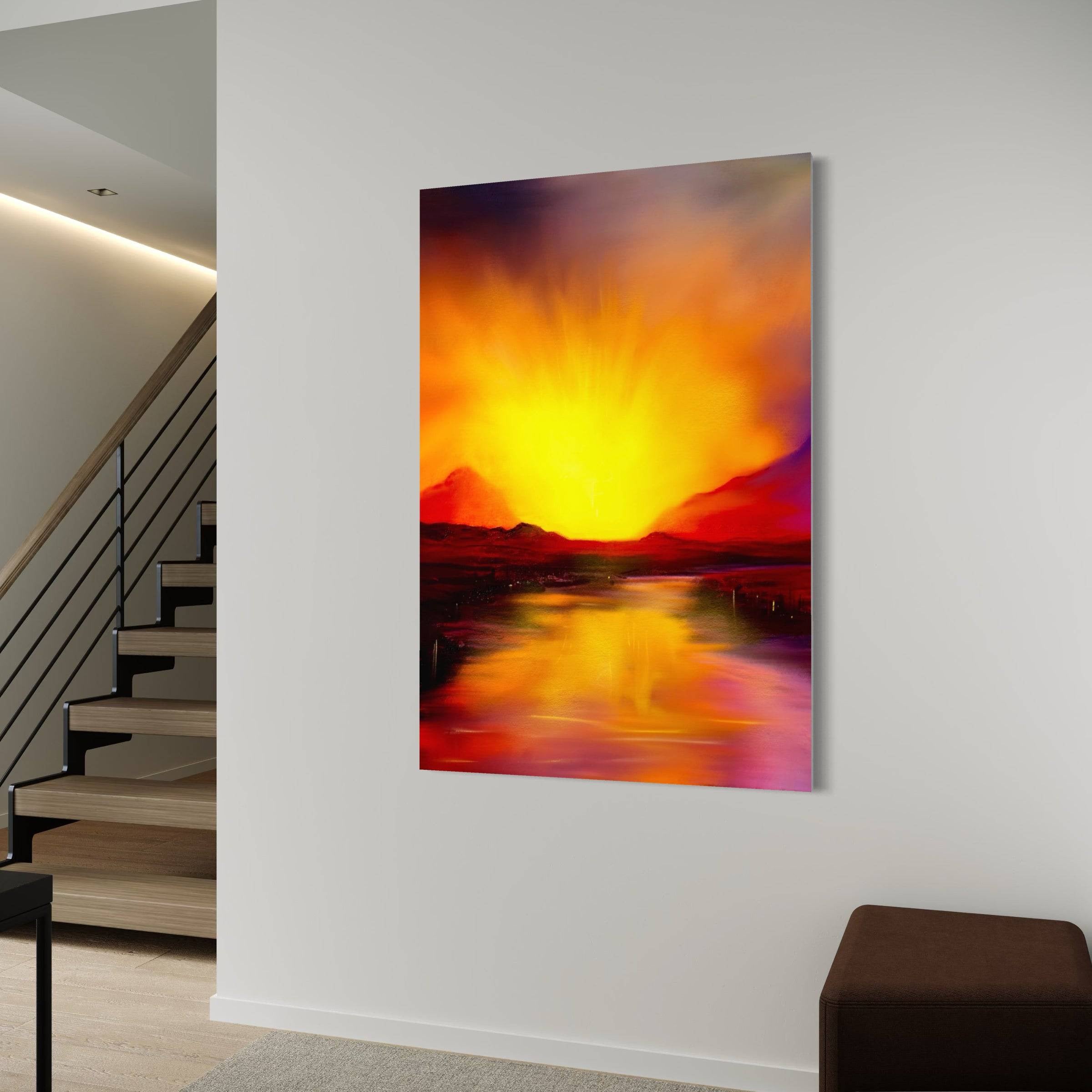 Vibrant abstract sunset painting over a river with mountains for Skye Sunset wall art