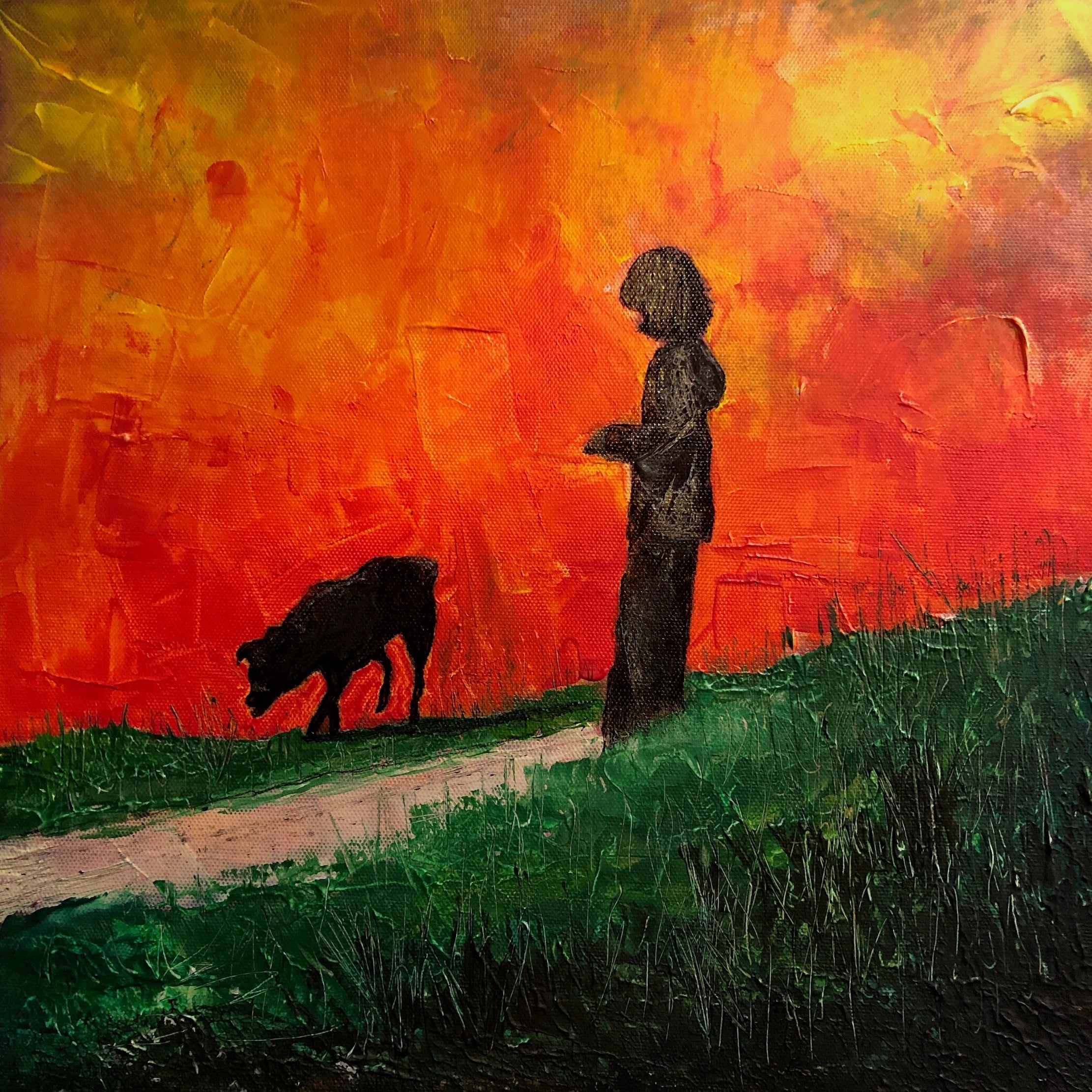 Skylee original textured canvas painting of child and dog silhouette against vibrant orange red sky, Scotland UK pet portraits