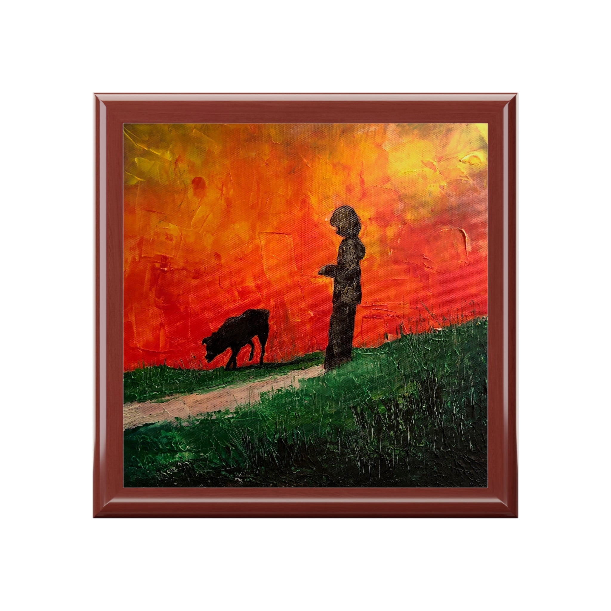 Square-framed painting of child and dog silhouette in orange sunset, Skylee pet portrait jewelry box from Scotland