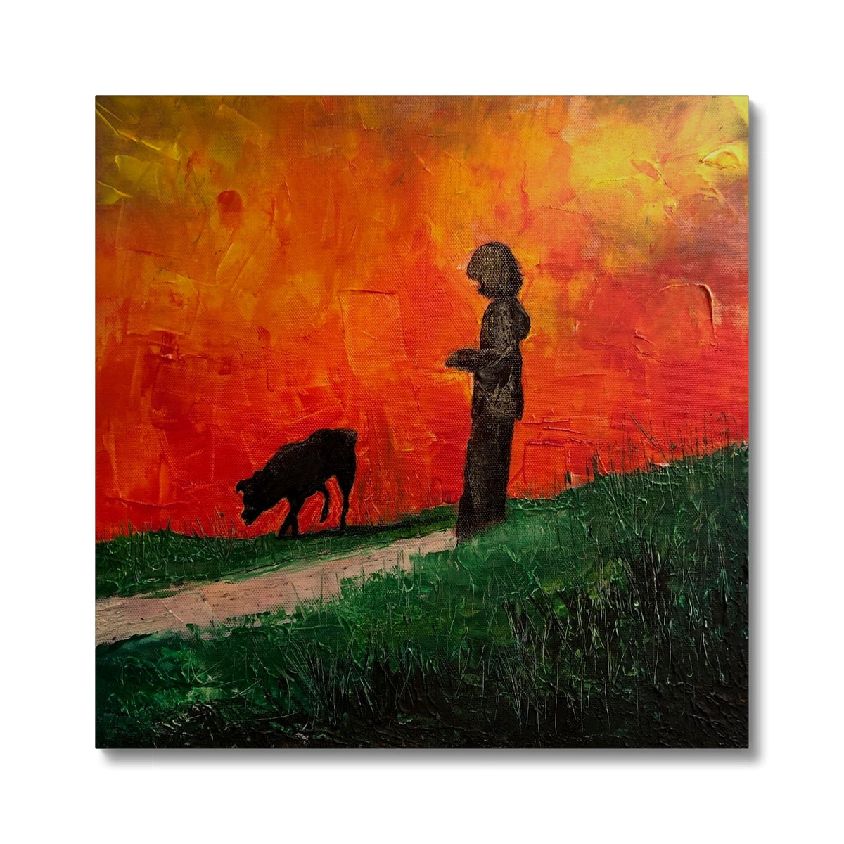 Skylee silhouette child cow canvas print sunset sky Scotland UK