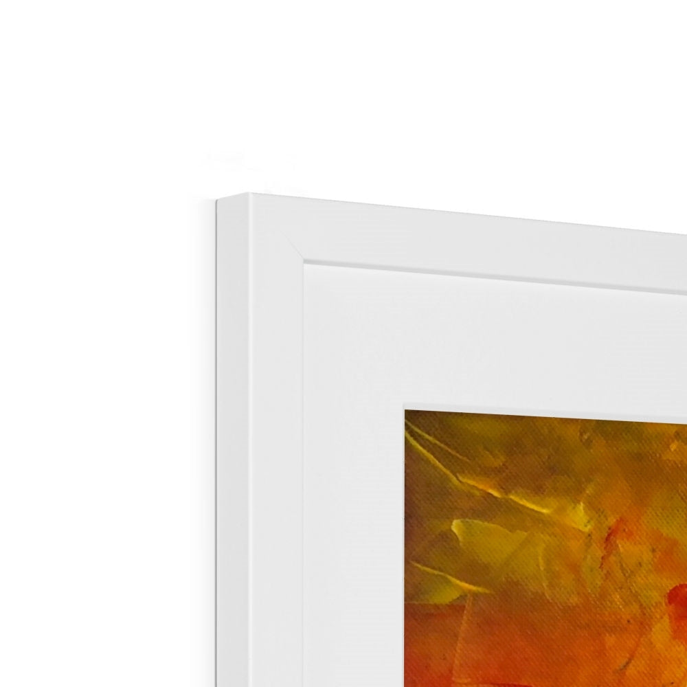 White framed abstract painting with warm orange and yellow brushstrokes by Skylee