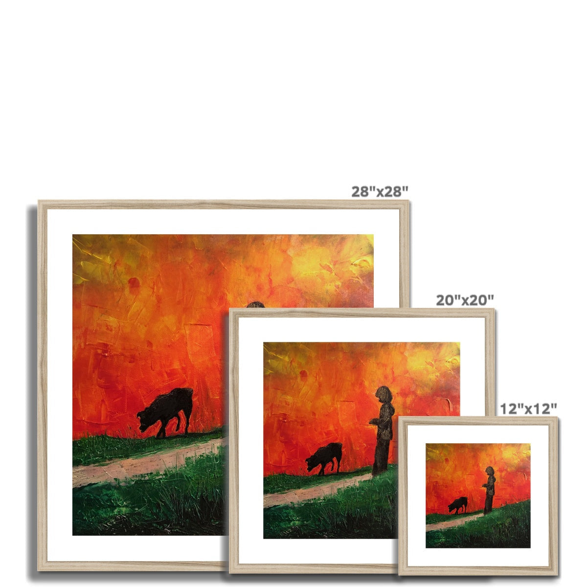 Three Skylee child and cow silhouette art prints on orange sunset