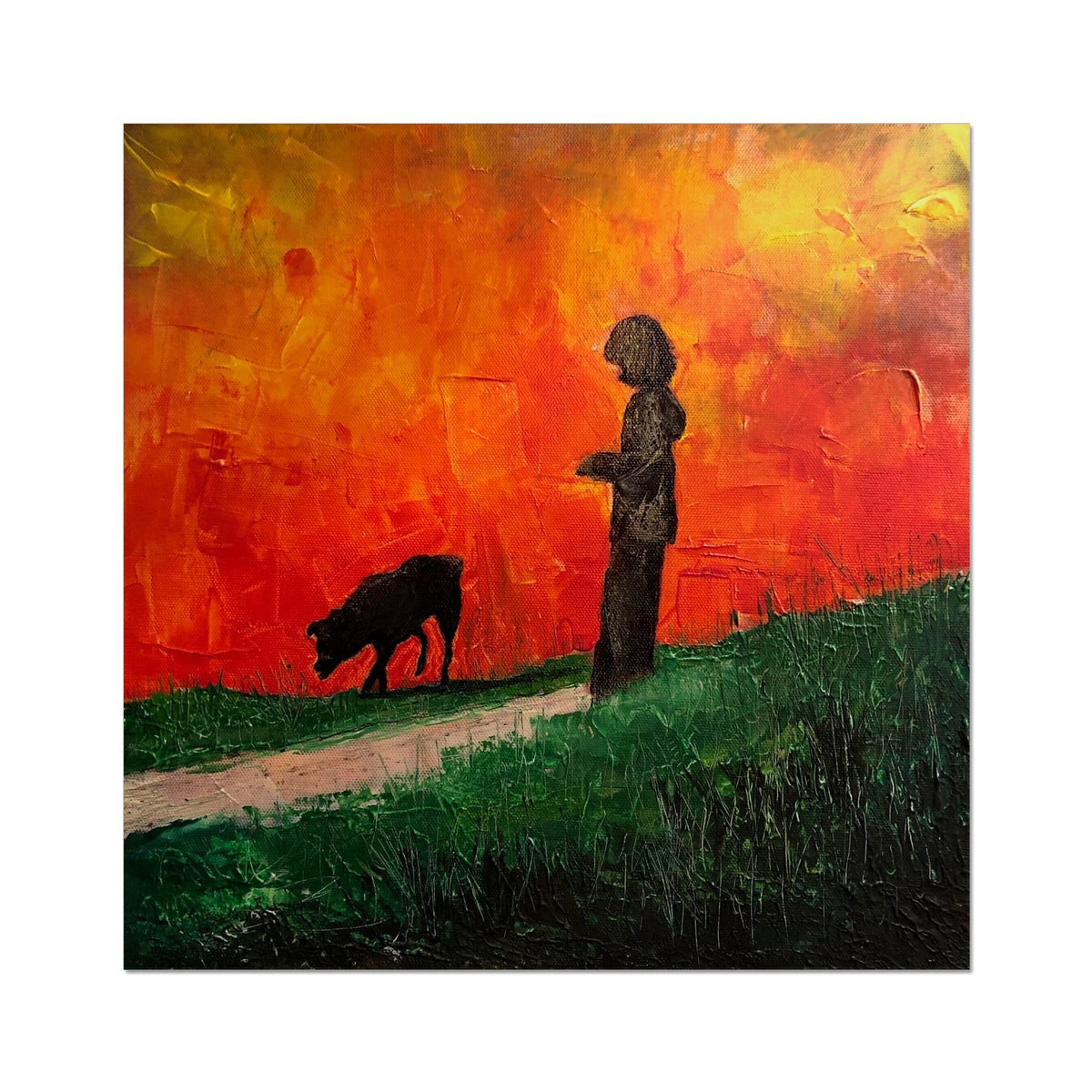 Vibrant abstract Skylee pet portrait print of silhouetted child and dog against fiery orange red sky