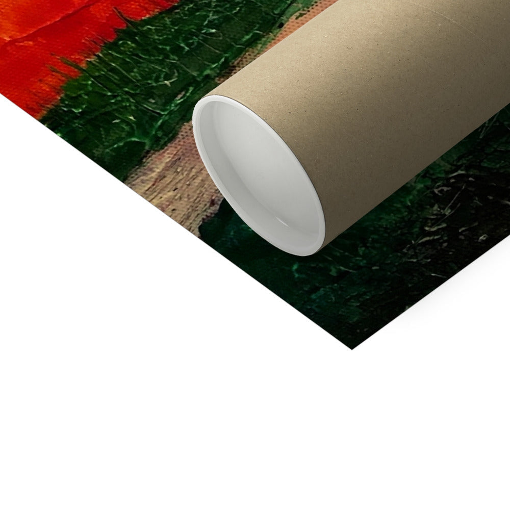 Brown cardboard tube with white lining on Skylee vibrant red green art print