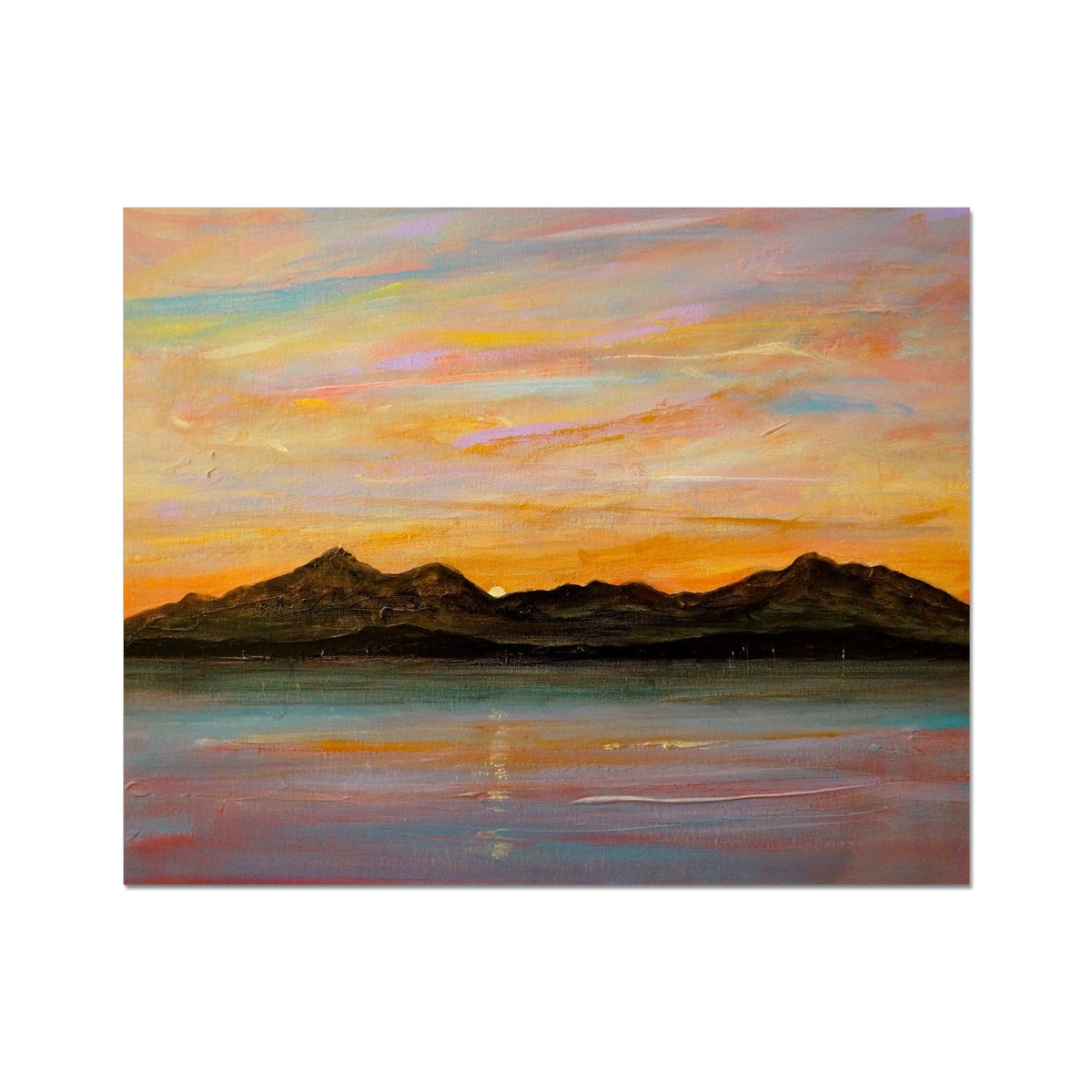 Impressionistic sunset over mountains and water in The Sleeping Warrior Arran Artist Proof Collector Print