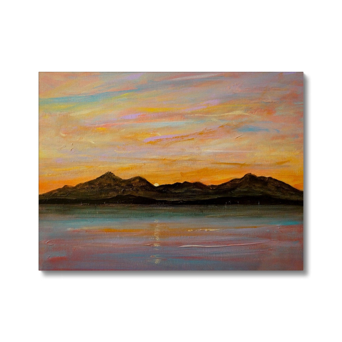 Textured oil painting of a sunset over mountains and water on The Sleeping Warrior Arran Canvas