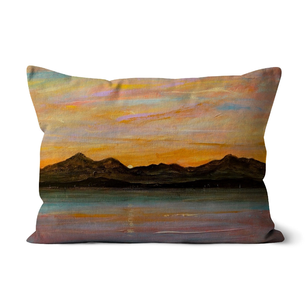 Decorative Arran Cushion with impressionistic mountain and sunset landscape design