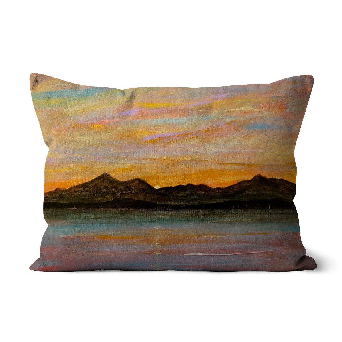 Rectangular Arran Cushion with landscape sunset mountain and water painting