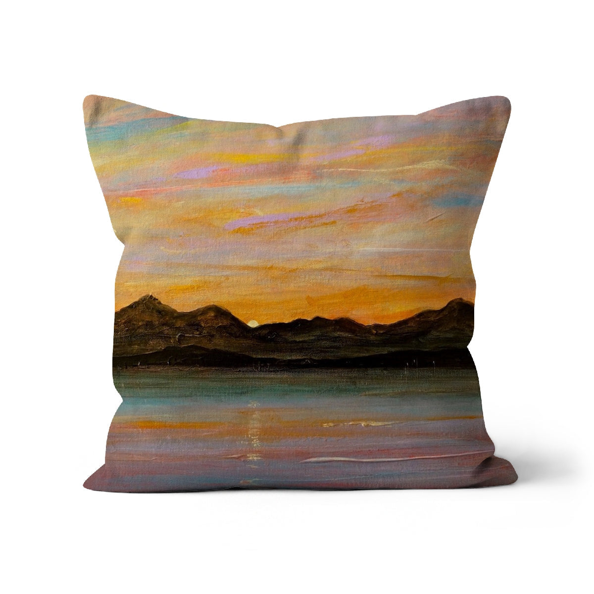 Decorative throw pillow with painted sunset landscape of mountains and water for The Sleeping Warrior Arran Cushion