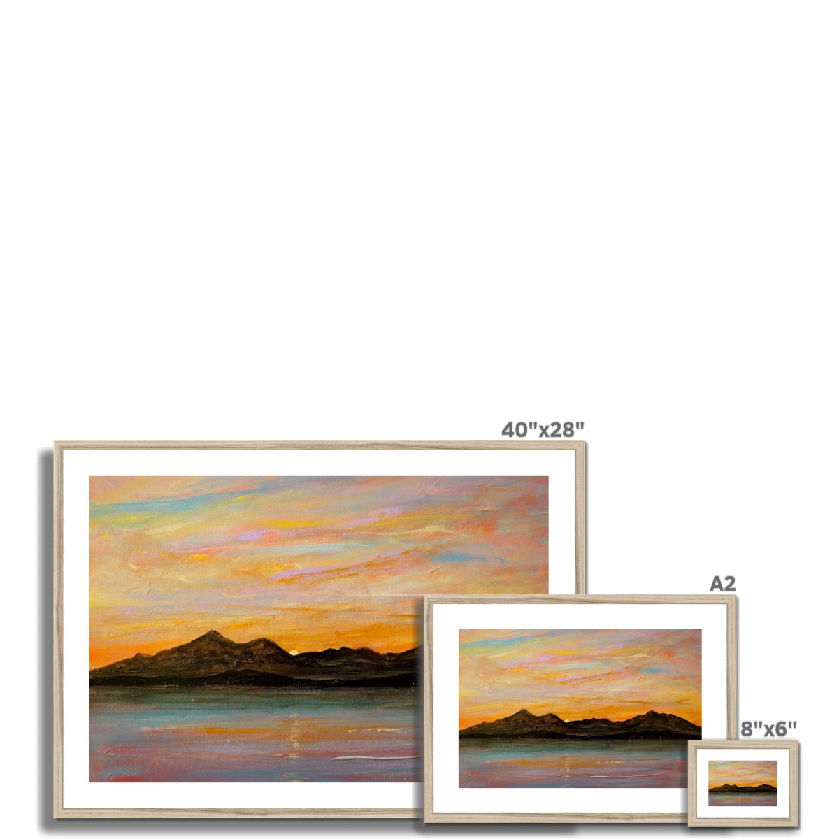 Three framed landscape sunset paintings of mountains and water in varying aspect ratios for The Sleeping Warrior Arran print