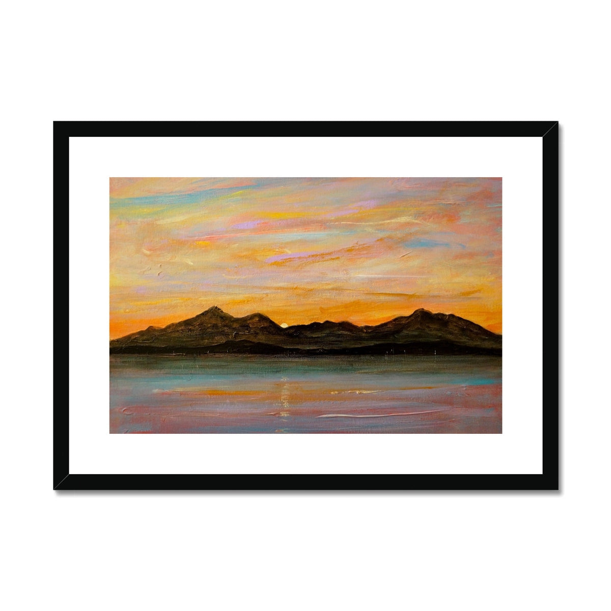 Framed Sunset over Mountains and Water print from The Sleeping Warrior Arran collection