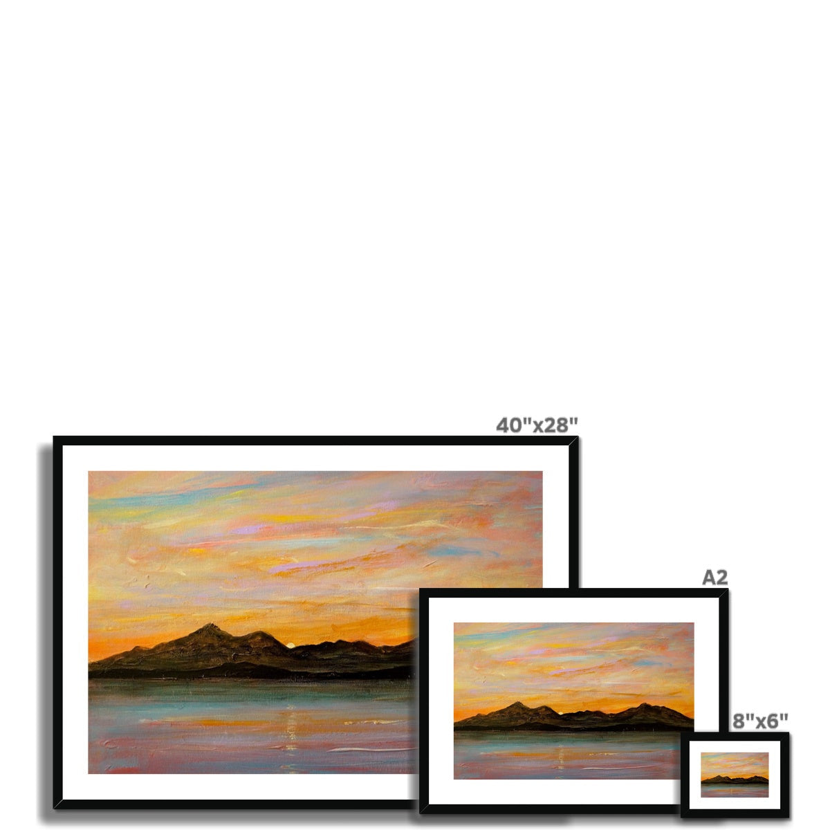 Framed landscape paintings of mountains at sunset over water for The Sleeping Warrior Arran Print