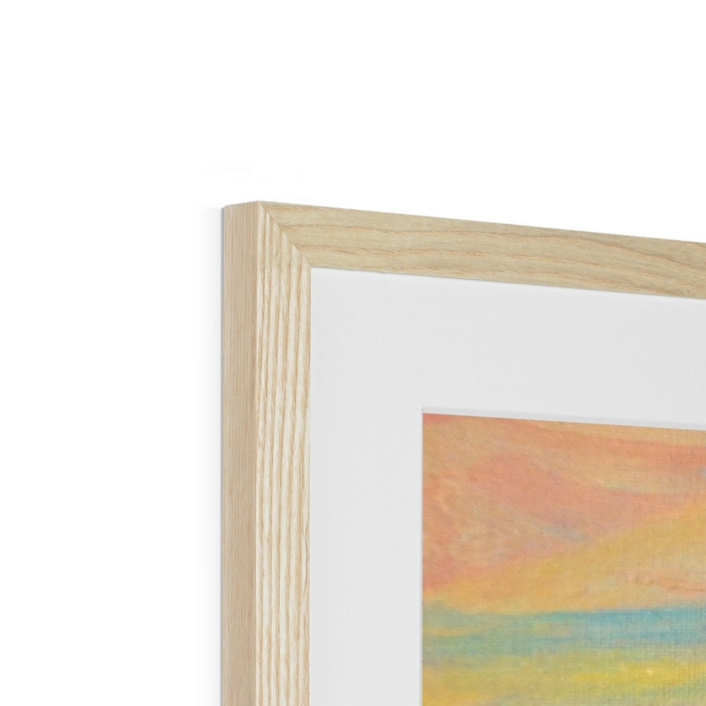 Light wood picture frame with white mat showcasing a colorful abstract painting for The Sleeping Warrior Arran print