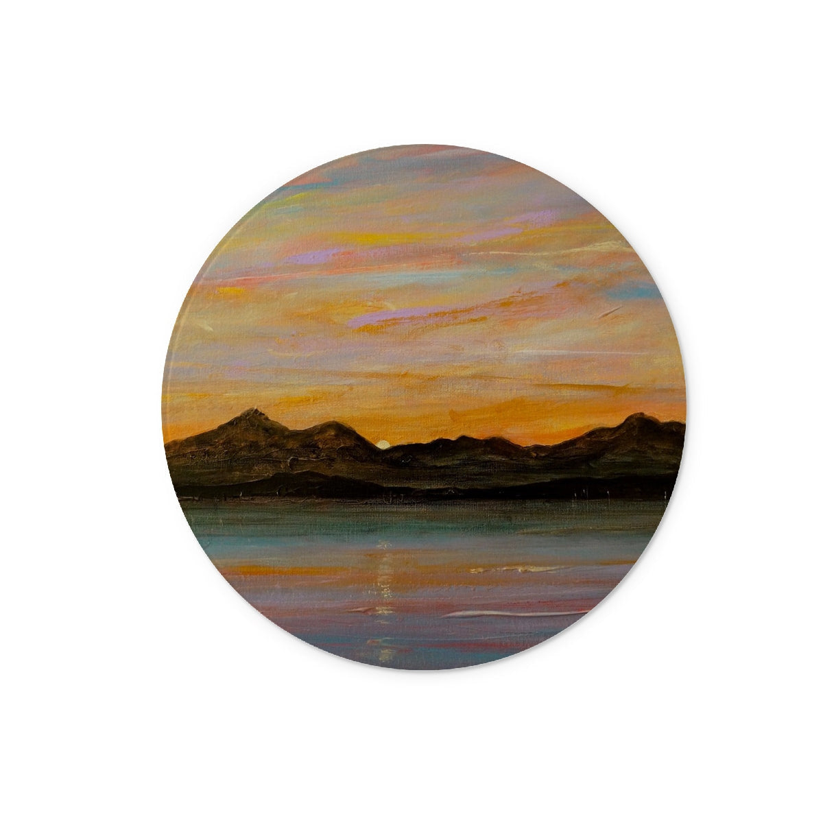 Circular painting of a sunset over mountains and lake on The Sleeping Warrior Arran Glass Chopping Board